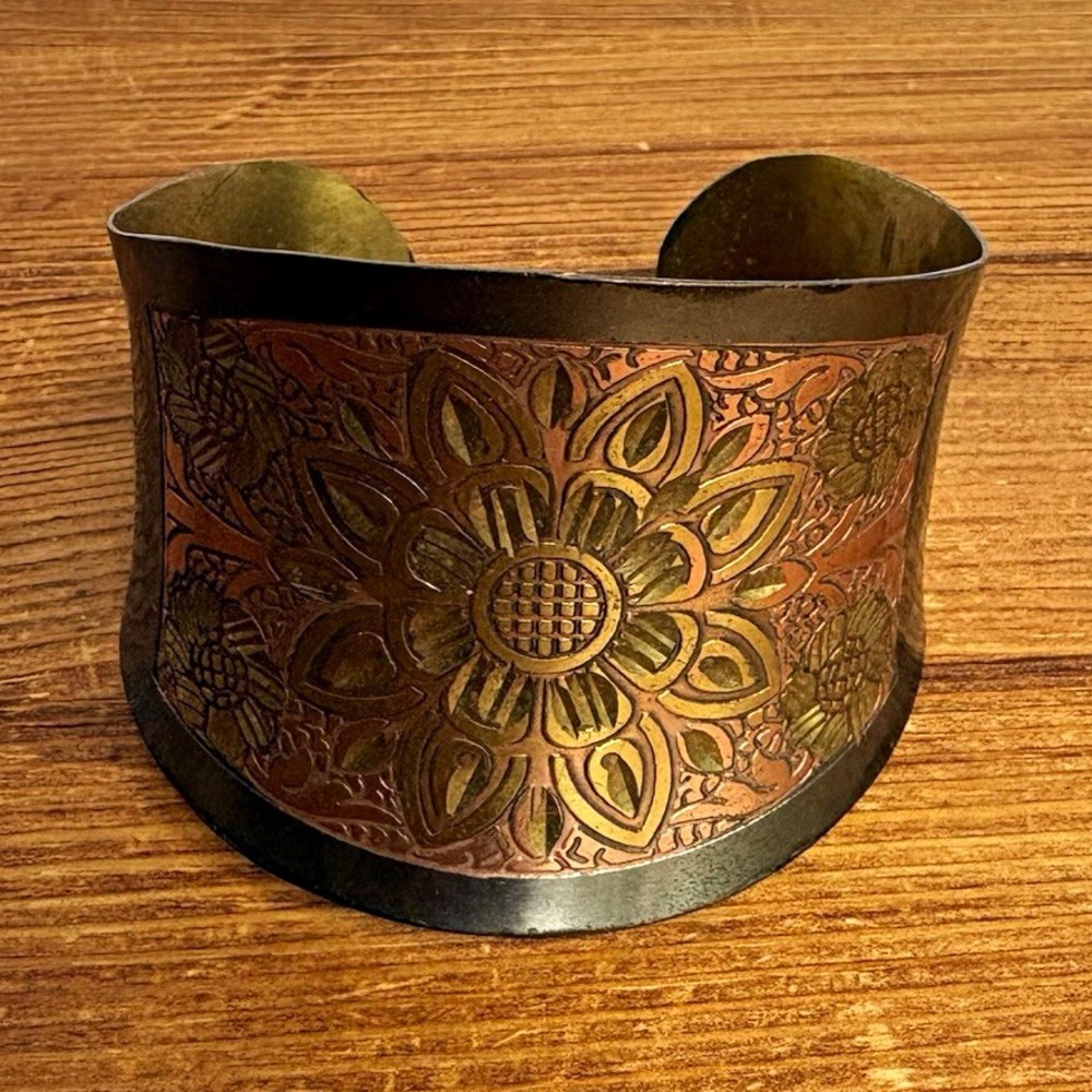 Engraved Floral Wide Metal Cuff Bracelet Gold Copper Silver Tone No Stone